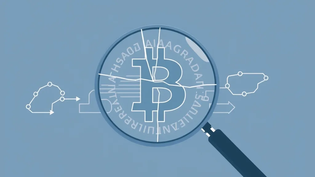 Hình minh họa về một kính lúp bị vỡ đặt trên sơ đồ chuỗi Bitcoin, tượng trưng cho sự không chính xác trong các chỉ số.