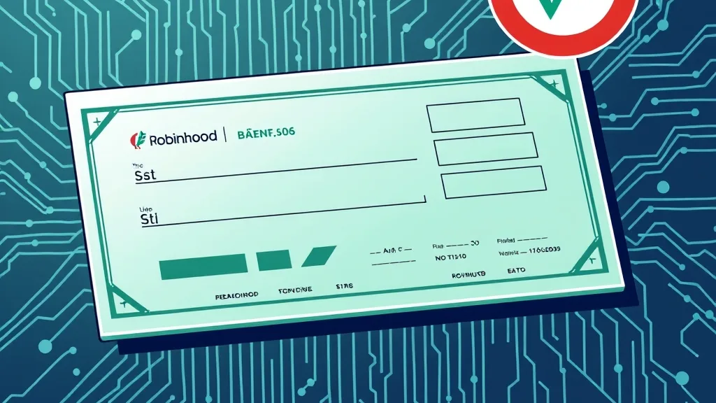 Hình minh họa một chứng chỉ cổ phiếu token hóa trên nền blockchain, logo Robinhood xuất hiện nhẹ nhàng ở góc