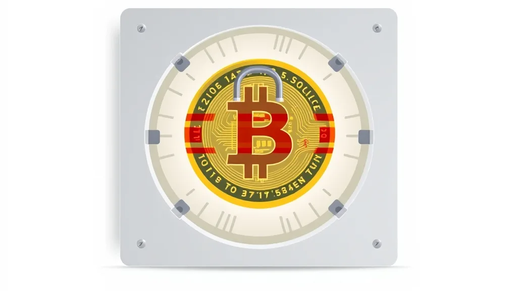 Hình ảnh Bitcoin bị khóa trong cửa ngân hàng minh bạch với dấu hiệu cảnh báo màu đỏ