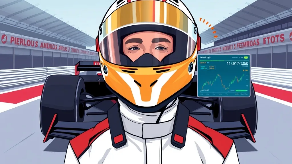 Người giao dịch crypto đội mũ đua F1 đứng trước chiếc xe Formula 1 tại Circuit of the Americas
