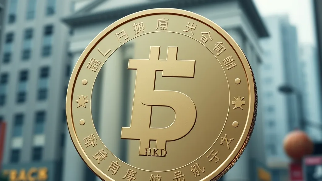 Hình ảnh một đồng stablecoin kỹ thuật số với biểu tượng Đô la Hong Kong, phía sau là kiến trúc ngân hàng hoặc kho tiền kỹ thuật số, tượng trưng cho sự ổn định và tài chính số.