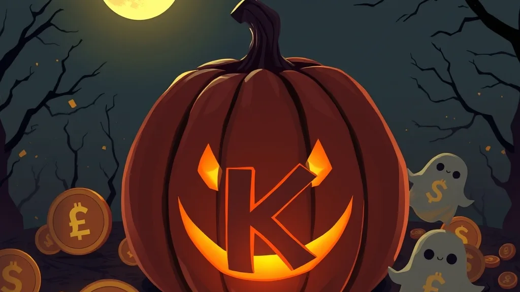 Một quả bí ngô Halloween được chạm khắc tinh xảo, phát sáng trong khung cảnh đêm, xung quanh là các đồng tiền crypto và các yếu tố ma mị, tượng trưng cho sự kiện Halloween của Kraken với giải thưởng SOL.